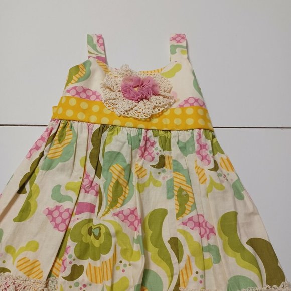 Peaches 'N Cream Girls 5 Dress BYellow Floral Lace Button Bow Tie 100% Cotton - Picture 8 of 12